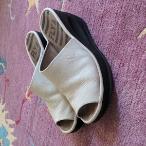 Fly London Jamb Leather Slip On Platform Wedge Sandals Off White Black EU 38